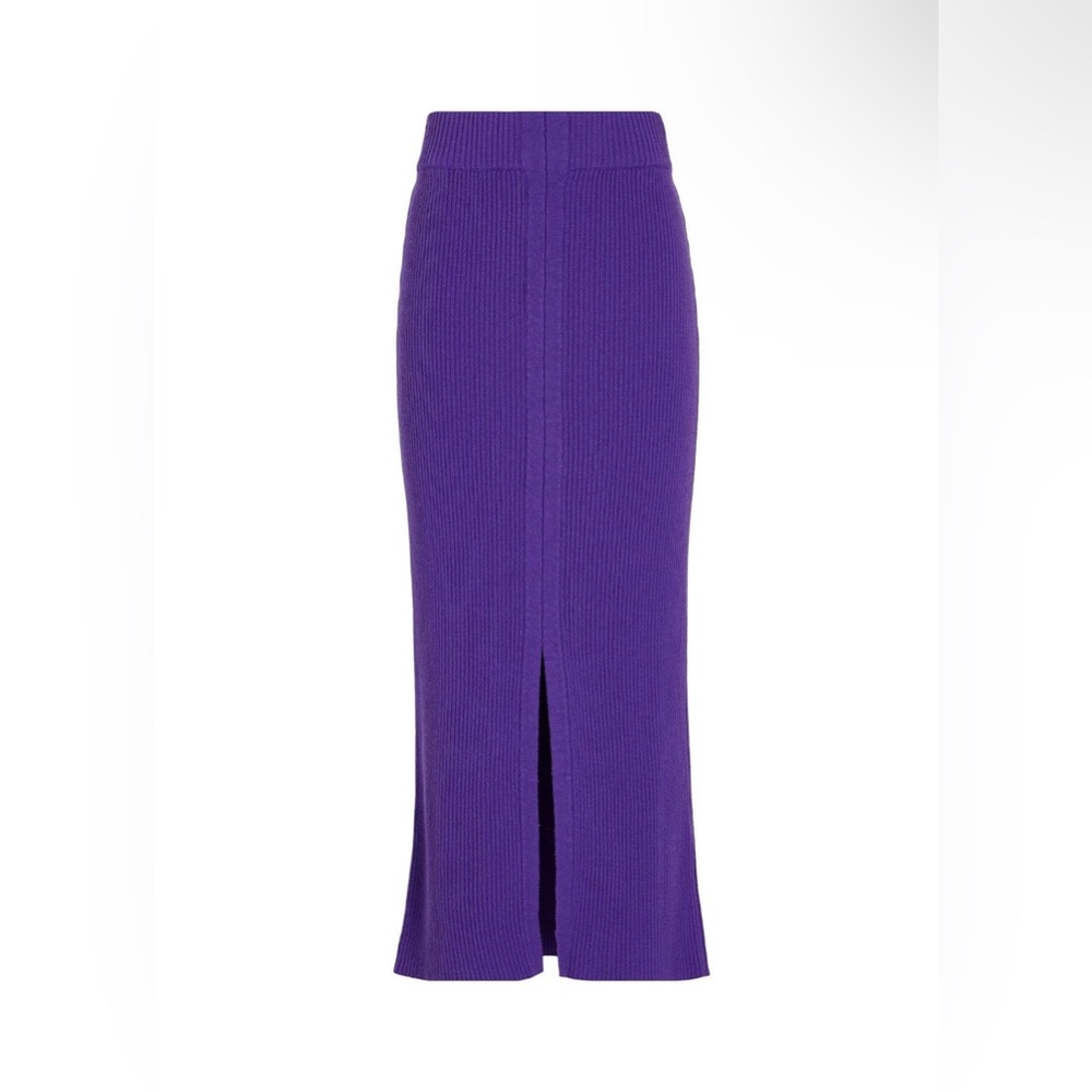 Yoox Ribbed Bodycon High-Waist Purple Front Slit Midi Modest Sweater Skirt Sz S View 5
